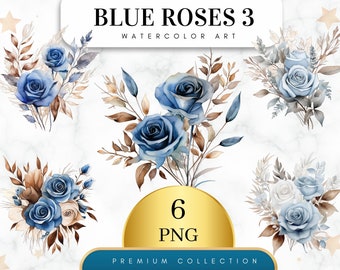 Set of 7, Watercolor Blue Rose Clipart 3, Rose PNG, Floral Clipart, Wedding Clipart, Scrapbook Bundle, Sublimation PNG, Digital Download