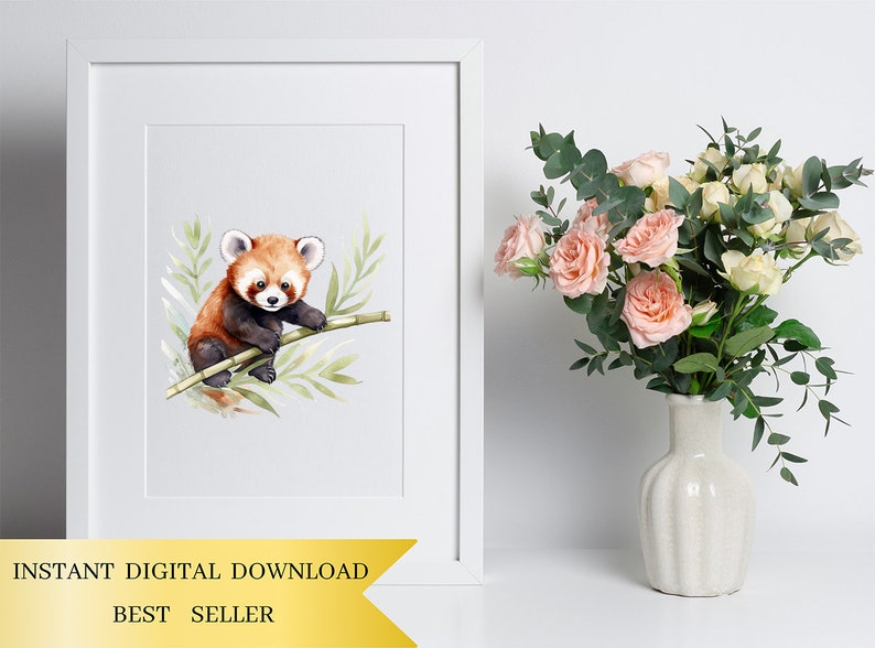 May include: Watercolor painting of a red panda sitting on a branch of bamboo. The red panda is brown and white with black markings around its eyes. The bamboo is green and has leaves. The painting is on a white background.