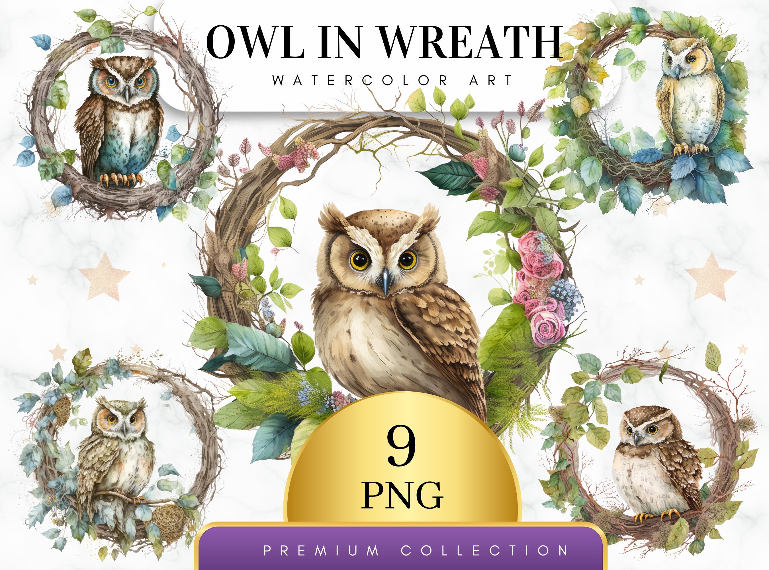 Set of 9, Watercolor Owl in Wreath Clipart, Owl Clipart, Owl Png, Watercolor Owl, Watercolor Birds, 