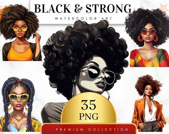 Set of 35, Watercolor Black & Strong Art, Afro Woman Png, Afro Girl Clipart, Black Girl Png, Black Girl Fashion, African American, Afro Png