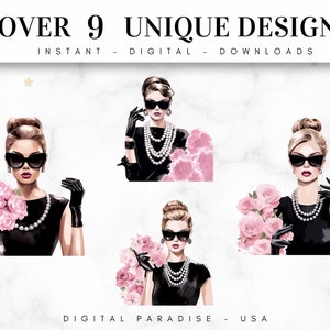 May include: Nine digital illustrations of a woman wearing a black dress, sunglasses, and a pearl necklace. The woman is holding a bouquet of pink roses in some of the illustrations. The text "OVER 9 UNIQUE DESIGNS" and "INSTANT - DIGITAL - DOWNLOADS" is at the top of the image. The text "DIGITAL PARADISE - USA" is at the bottom of the image.