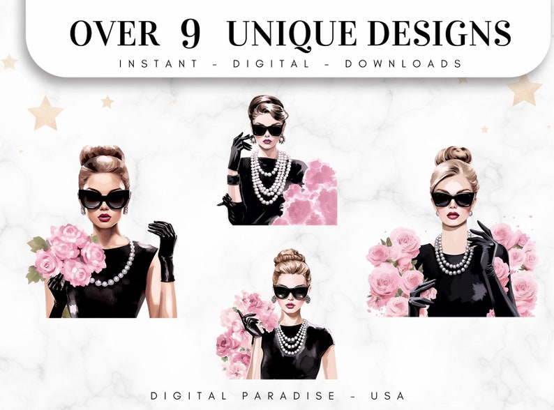 May include: Nine digital illustrations of a woman wearing a black dress, sunglasses, and a pearl necklace. The woman is holding a bouquet of pink roses in some of the illustrations. The text "OVER 9 UNIQUE DESIGNS" and "INSTANT - DIGITAL - DOWNLOADS" is at the top of the image. The text "DIGITAL PARADISE - USA" is at the bottom of the image.