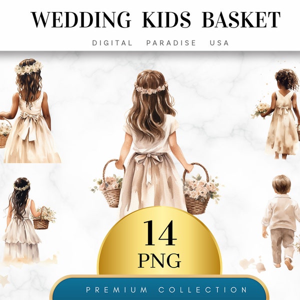 Set of 14, Wedding Kids Basket, Flower Girl Basket, Ring Bearer Basket, Wedding Clipart, Floral Clipart, Sublimation PNG, Digital Download