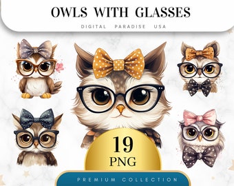 Set of 19, Owl with Glasses Clipart, Cute Owl PNG, Owl Clipart Bundle, Digital Owl Art, Digital Download, Sublimation Clipart, Junk Journal