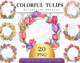 Set of 20, Watercolor Colorful Tulips Wreath, Floral Clipart , Watercolor Frame, Watercolor Spring Clipart, Botanical Clipart, Digital PNG