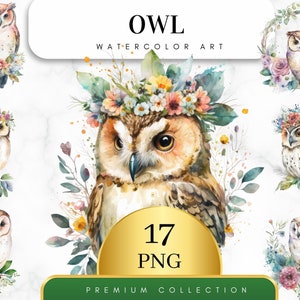 17 個セット、水彩フクロウ、フクロウのクリップアート、フクロウの PNG、フクロウアート、フクロウのデジタル、カード作成、クリップアート、デジタル ペーパー クラフト、壁の装飾、デジタル PNG