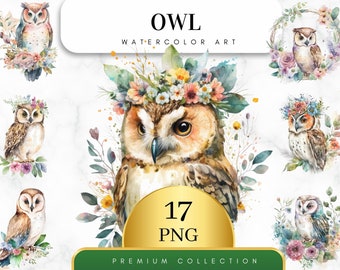 Set of 17, Watercolor Owl , Owl clipart, Owl PNG, Owl Art, Owl digital, Card Making, Clip Art, Digital Paper Craft, Wall Decor, Digital PNG