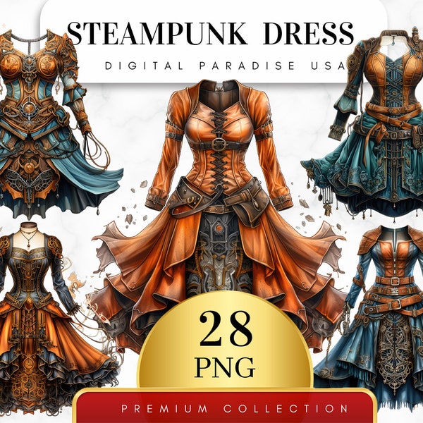Set of 28, Steampunk Dress Clipart, Victorian Costume PNG, Retro Fashion, Vintage Clothing, Steampunk Fashion, Sublimation, Digital Download