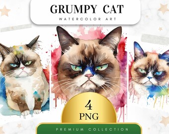 Conjunto de 4, imágenes prediseñadas de gato gruñón en acuarela, gato gruñón PNG, camiseta de gato gruñón, sublimación de animales PNG, gato PNG, arte de gato gruñón, PNG digital