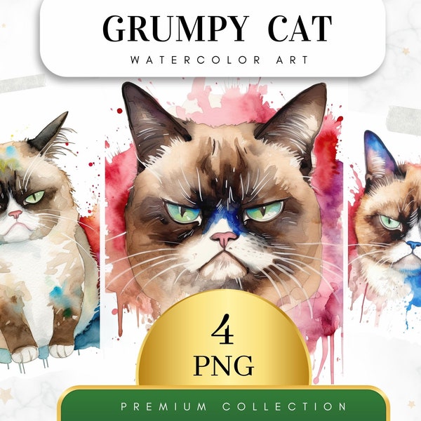 Set of 4, Watercolor Grumpy Cat Clipart, Grumpy Cat Png, Grumpy Cat Shirt, Animals Sublimation Png, Cat Png, Grumpy Cat Art, Digital Png