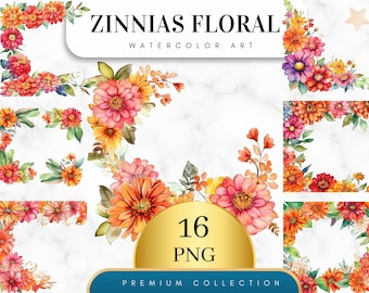 May include: Watercolor floral art featuring vibrant zinnias in shades of orange, pink, and yellow. The image includes various floral arrangements, including corner designs and wreaths, with the text "Zinnias Floral Watercolor Art" and "16 PNG".