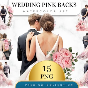 15er-Set, Hochzeitspaare rosa Rückseite, Hochzeitstag Clipart PNG, Ehe Clipart, Just Married Clipart, Braut und Bräutigam Png, Digital PNG