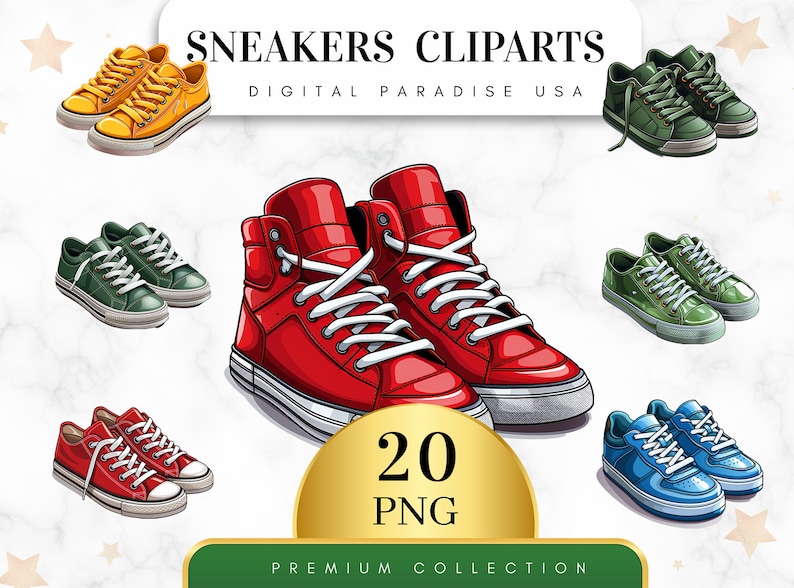 Set di 20, Clipart di scarpe da ginnastica, Clipart di scarpe, PNG di scarpe da ginnastica, Pacchetto di scarpe, Scarpe da ginnastica acquerellate, Arte di scarpe da ginnastica, Download digitale, PNG di sublimazione immagine 1