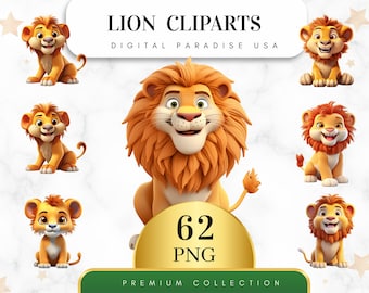 Set of 62, Lion Clipart, Lion PNG, Watercolor Lion, Jungle Animals Clipart, Safari Animals, Zoo Animals, Sublimation PNG, Digital Download