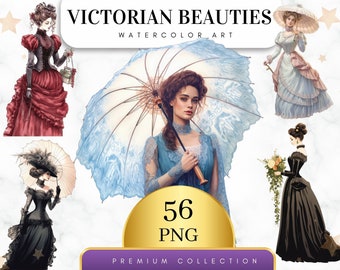 Set von 56 Aquarell viktorianischen Damen Clipart, viktorianische Dame PNG, Vintage Dame, Sublimation Png, Wandkunst, Clipart Bundle, Digital Png