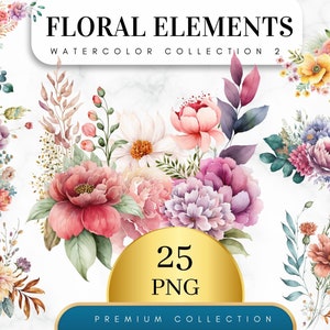 Conjunto de 25, Patrón floral de acuarela, Diseño de flores de acuarela, Papel digital de flores, PNG de flores, Imágenes prediseñadas de flores de acuarela, PNG digital