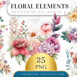 Set di 25, motivo floreale acquerello, disegno fiore acquerello, carta digitale fiori, PNG fiore, clipart fiore acquerello, PNG digitale