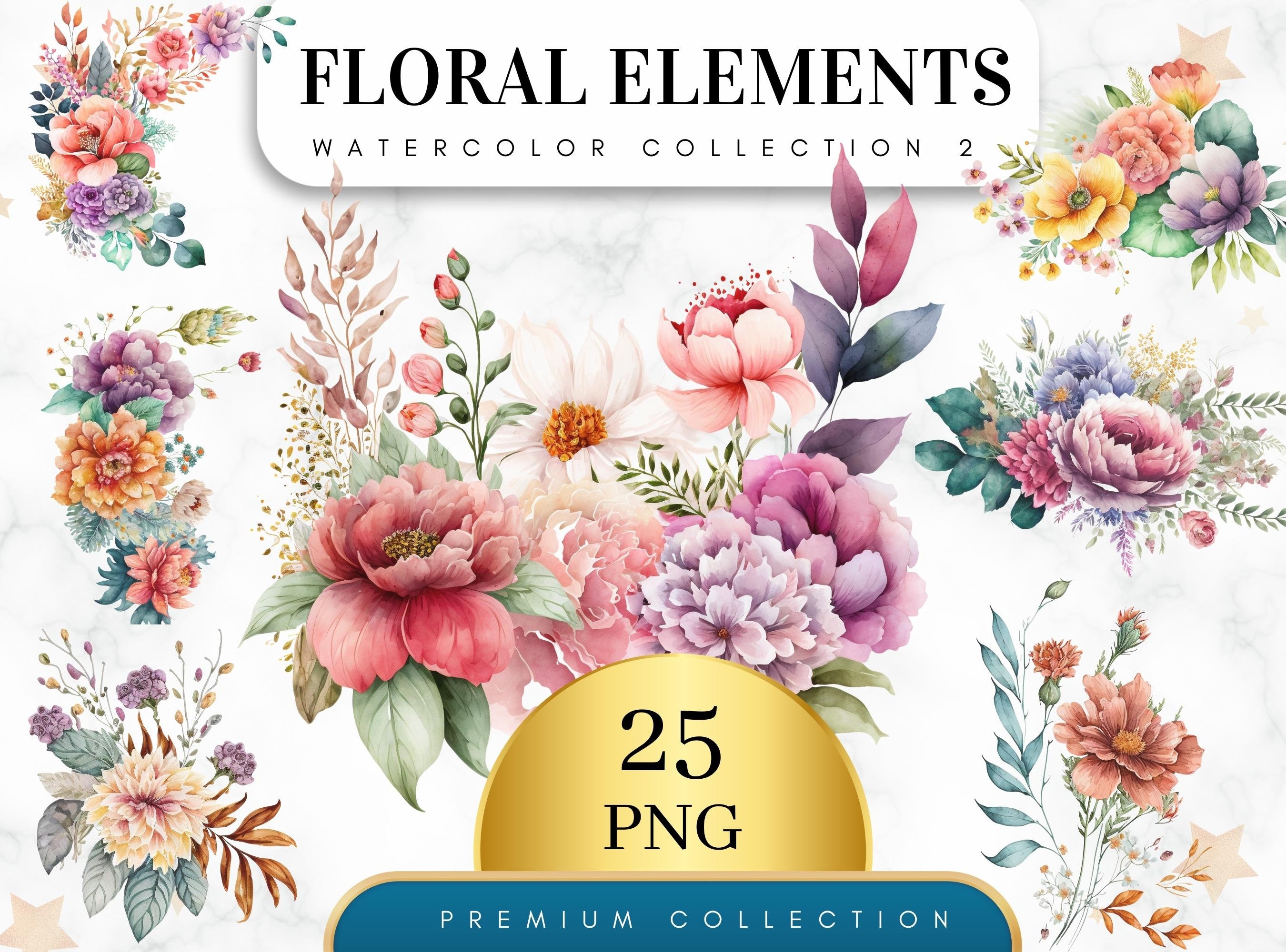 Set of 25, Watercolor Floral pattern, Watercolor Flower design, Flowers Digital Paper , Flower PNG, Watercolor Flower Clipart,  Digital PNG