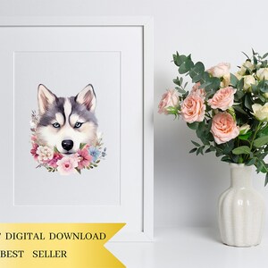 Set di 24, Clipart floreali di husky siberiano, PNG di husky, Clipart di husky, Arte floreale di cani, Animali floreali in formato PNG, PNG a sublimazione, Download digitale immagine 5