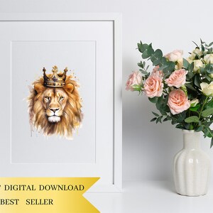 May include: A watercolor painting of a lion wearing a gold crown. The lion has a serious expression and is looking directly at the viewer. The background is a light blue watercolor wash.