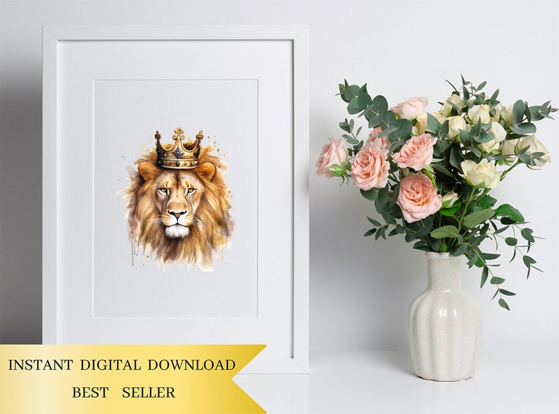 May include: A watercolor painting of a lion wearing a gold crown. The lion has a serious expression and is looking directly at the viewer. The background is a light blue watercolor wash.