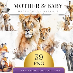 Set van 39, moeder en baby dieren clipart, moeder en welp dieren clipart, plakboek, sublimatie, leeuw, giraffe, hond, olifant en nog veel meer