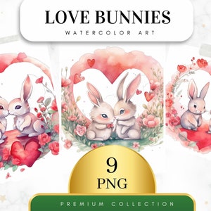 Set of 9, Watercolor Bunnies in Love, Bunny PNG, Bunny in Love Png, Animals Clipart, Bunny Wall Art, Printable Bunnies Art, Digital PNG image 1