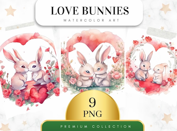 Set of 9, Watercolor Bunnies in Love, Bunny PNG, Bunny in Love Png, Animals Clipart, Bunny Wall Art, Printable Bunnies Art, Digital PNG
