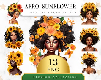 Set of 13, Afro Sunflower Clipart, Afro Woman Png, Black Girl Clipart, Black Girl Png, Black Girl Fashion, Girls Clipart, Digital Download
