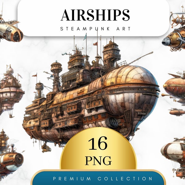 Set of 16, Steampunk Airship Clipart, Watercolor steampunk PNG, Steampunk Art, Steampunk Decor, Victorian, Hot Air Balloon PNG, Digital PNG