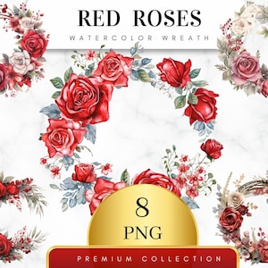 Set of 8, Watercolor Red Roses Wreath , Floral Frame Clipart, Watercolor Floral, Flower Art, Wedding Clipart, Floral Wreath png, Digital Png