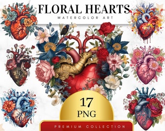 Set of 17, Watercolor Floral Heart Clipart, Heart Sublimation, Valentines Day Png, Love Png, Floral Heart Png, Baby Shower Png, Digital Png