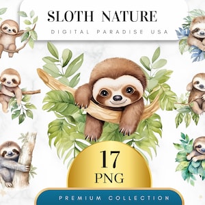 Set of 17, Cute Sloth Nature Clipart, Sloth PNG, Jungle Animals, Tropical Clipart, Sloth Clipart, Scrapbooking, Sublimation,Digital Download