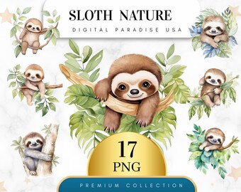 Set of 17, Cute Sloth Nature Clipart, Sloth PNG, Jungle Animals, Tropical Clipart, Sloth Clipart, Scrapbooking, Sublimation,Digital Download