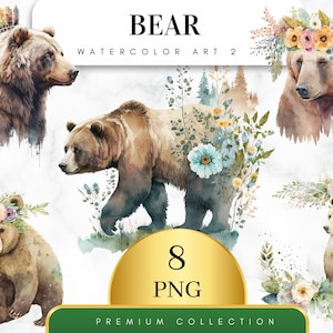 Lot de 8 imprimé ours, ours bohème, couronne de fleurs des cliparts, décoration de chambre d'enfant, clipart floral ours, aquarelle, fabrication de cartes, téléchargement numérique