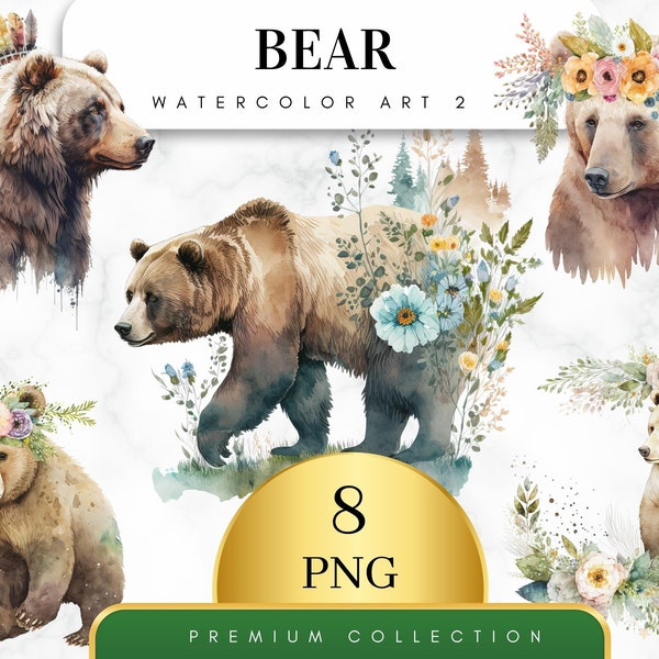 Set of 8 Bear Print, Boho Bear,  Flower Wreath Clipart, Nursery Decor,  Floral Bear Clipart, Watercolor, Card Making, Digital Download