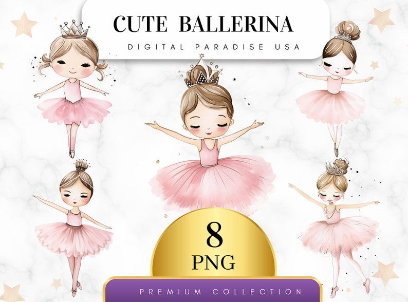 May include: A set of eight digital illustrations of cute ballerinas with pink tutus and gold crowns. The ballerinas are in various poses, with some holding their arms out and others with their arms at their sides. The background is a white marble-like surface with gold stars.