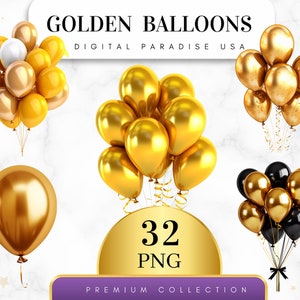 Set of 32, Golden Balloons Clipart, Balloon PNG, Party Decorations, Balloon Bundle, Birthday Clipart, Sublimation PNG, Digital Download