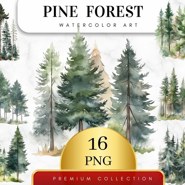 Set of 16, Watercolor Forest Tree Clipart, Pine Tree Png , Woodland Tree, Forest Landscape, Watercolor Tree, Wedding invitation, Digital Png