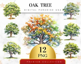 Set of 12, Watercolor Oak Tree Clipart, Oak Tree PNG, Autumn Clipart, Tree Clipart, Forest Clipart, Sublimation, Junk Journal, Digital PNG