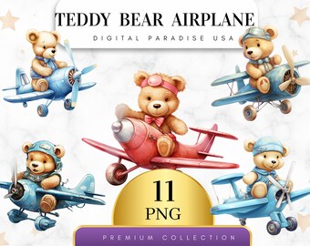 Set med 11, nallebjörn flygplan Clipart, flygplan Clipart, nallebjörn Clipart, nallebjörn PNG, leksaks Clipart, digital nedladdning, sublimering PNG