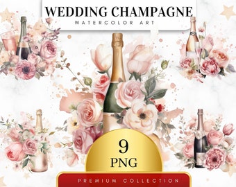 Set of 9, Watercolor Floral Champagne Clipart, Floral Champagne Png, Wall Art, Digital Paper Craft, Watercolor Party Clipart, Digital PNG