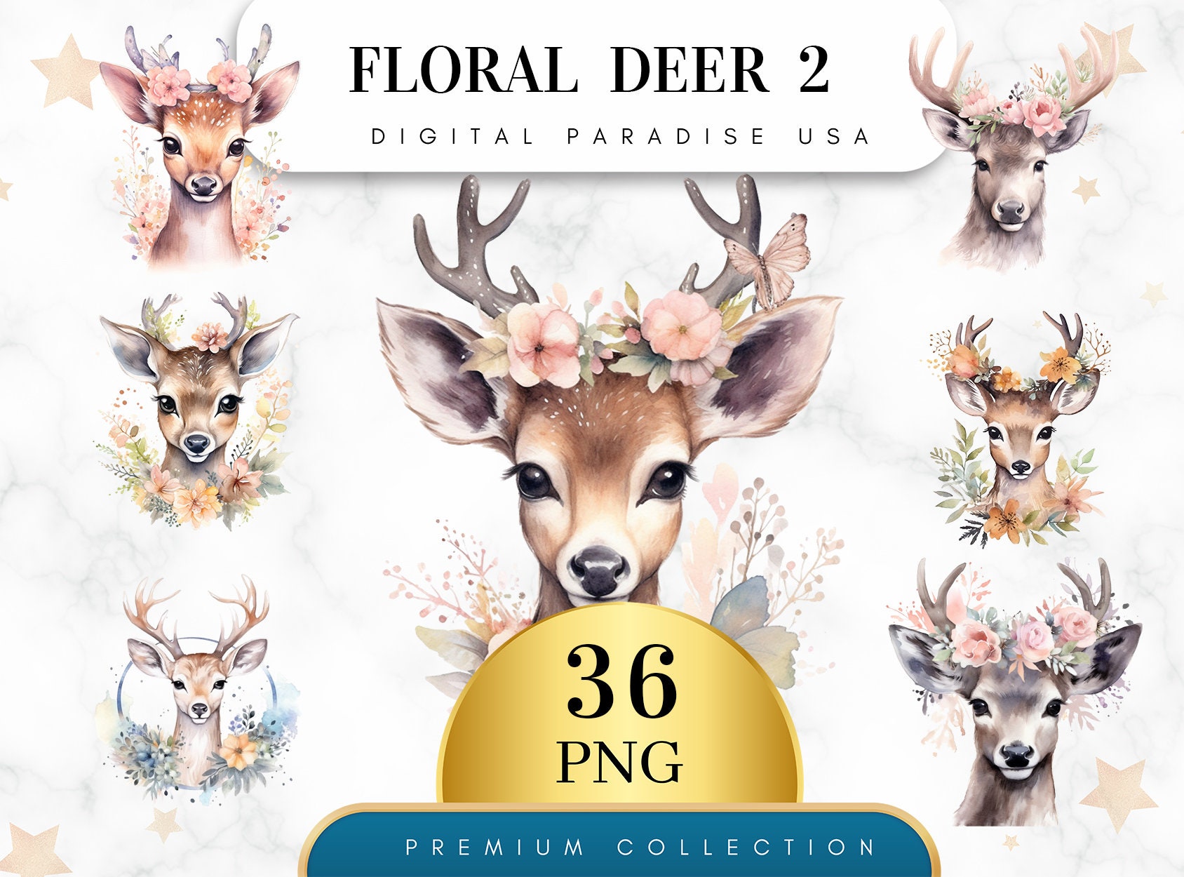 Set von 36, Floral Hirsch Clipart, Hirsch PNG, Waldtier, Aquarell Hirsch, rustikale Clipart, Hirsch Clipart, Wandkunst, Sublimation, digitale PNG