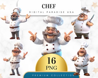 Set of 16, Watercolor Chef Clipart, Chef Junk Journal, Chef Hat Clipart, Cooking Clipart, Food Clipart, Sublimation PNG, Digital Download