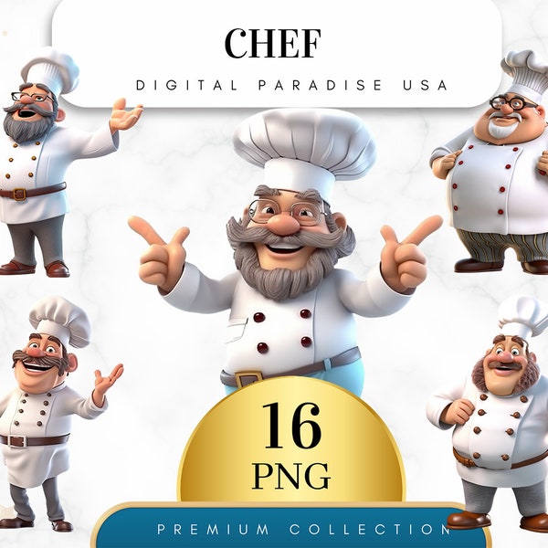 Set of 16, Watercolor Chef Clipart, Chef Junk Journal, Chef Hat Clipart, Cooking Clipart, Food Clipart, Sublimation PNG, Digital Download