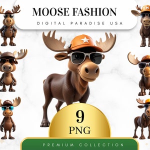 Puede incluir: Una colección de 9 ilustraciones digitales de alces con diferentes atuendos y accesorios, incluyendo gafas de sol, sombreros y chaquetas. Las ilustraciones son de estilo de dibujos animados y tienen un fondo blanco. El texto "MOOSE FASHION DIGITAL PARADISE USA" y "9 PNG PREMIUM COLLECTION" también está incluido en la imagen.