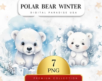 Set van 7, winter ijsbeer clipart, ijsbeer png, pooldieren clipart, winterdieren, junk Journal, sublimatie png, digitale download