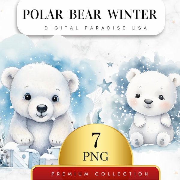 Set of 7, Winter Polar Bear Clipart, Polar Bear PNG, Arctic Animal Clipart, Winter Animals, Junk Journal, Sublimation PNG, Digital Download