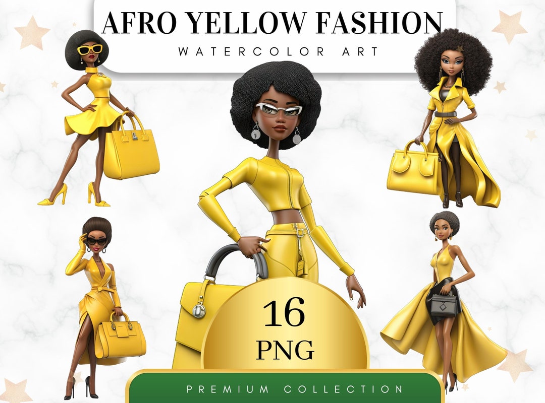Set of 16, Afro Model in Yellow Dress Clipart, Black Woman Clipart ...