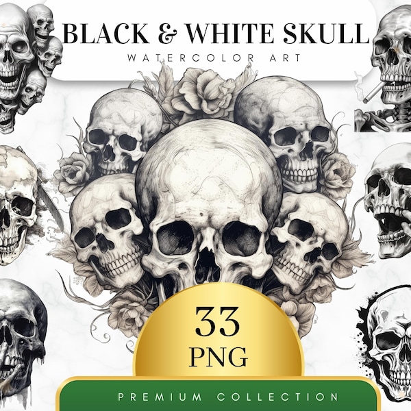 Set of 33, Watercolor Black & White Skull, Black and White Skull Clip Art PNG, Gothic Clipart, Fantasy Clipart, Wiccan Clipart, Skull Png